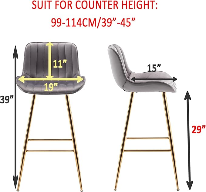 Sidanli Gold Bar Stools Set of 2, 29” Velvet Barstools, Kitchen Chairs - Image 2