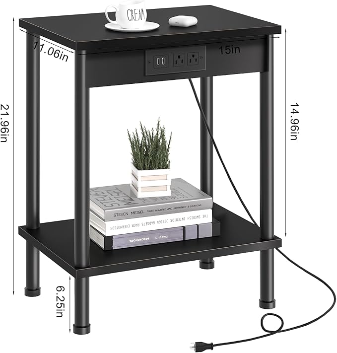 End Table with Charging Station, Small Side Table, 2-Tier Nightstand with - Image 2