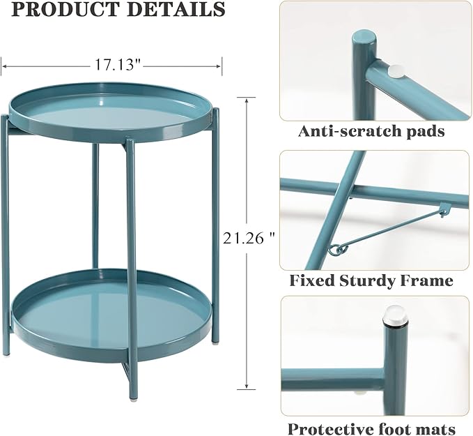 TeoKJ 2 Tier Round Side Table, Folding Round Metal End Table Small Nightstand - Image 3