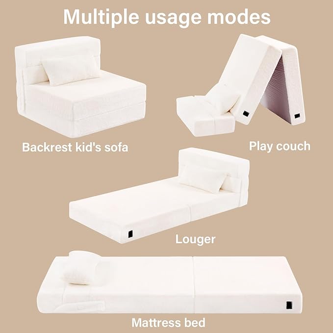Folding Sofa Bed Beige Floor Mattress - Image 6