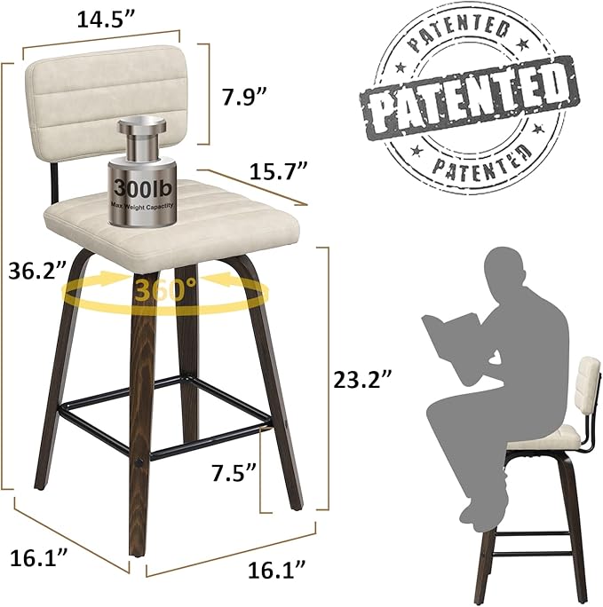 Swivel Bar Stools Set of 2, Counter Height, Wooden Frame, PU Leather Cushions - Image 2