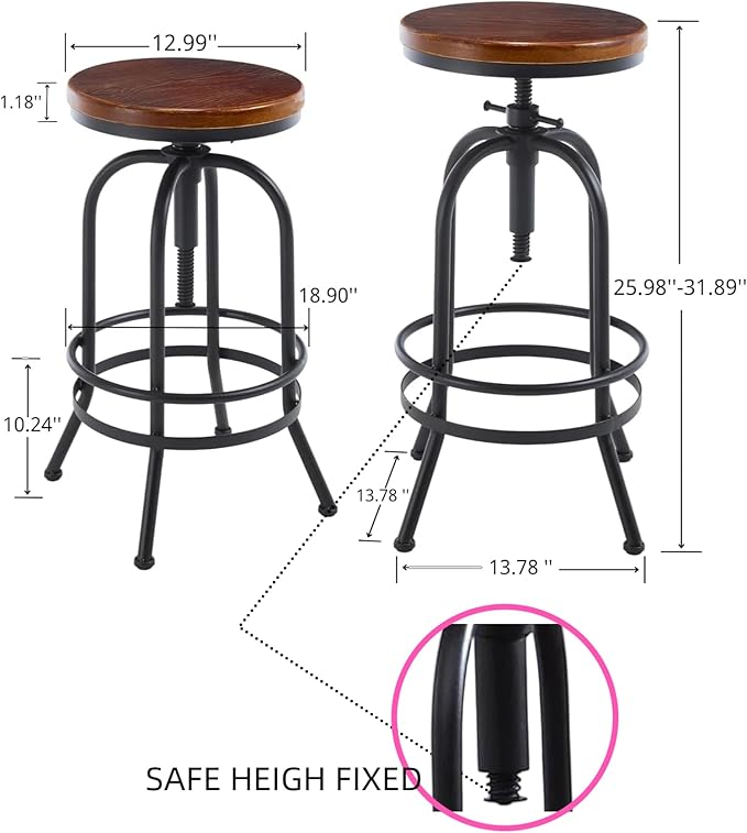 Diwhy Industrial Bar Stool-26-32 Inch Adjustable Swivel Metal Wood Seat Stool - Image 2
