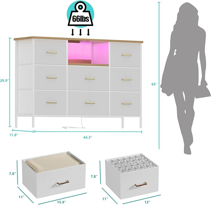 White Dresser with LED Lights and Power Outlets, Dresser TV Stand with 8 Drawers - Image 2