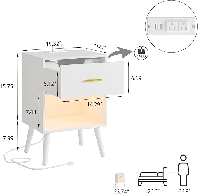 Nightstand with Charging Station and LED Lights, Small Side Table, Bedside - Image 2