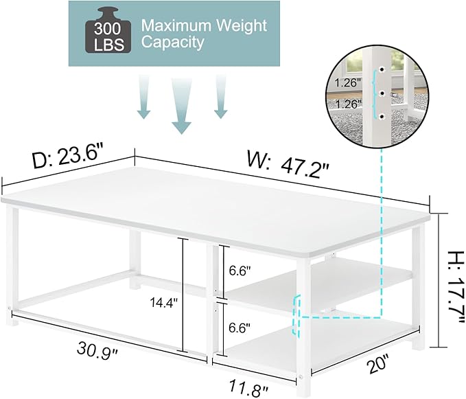 EXCEFUR White Coffee Table, Modern Rustic Wood Center Table - Image 2