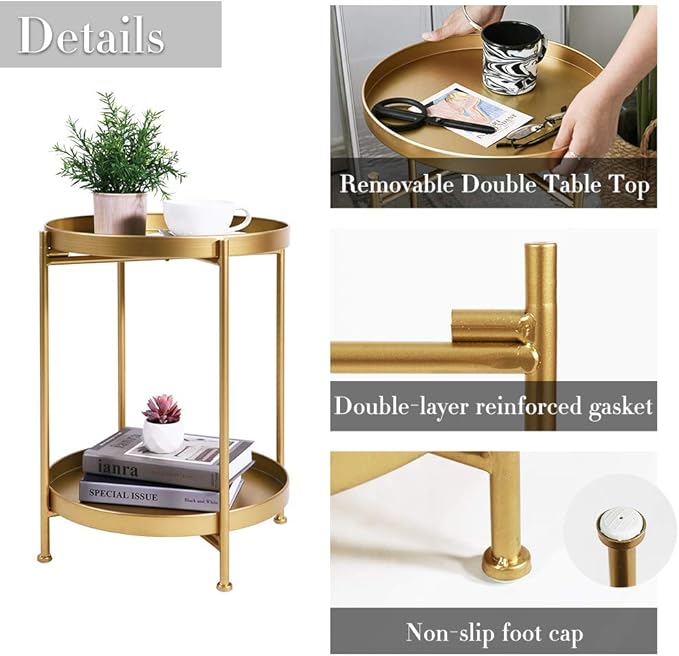 Tiita Round End Table Mental 2-Tier Side Table Nightstand/Small Iron Tables - Image 5