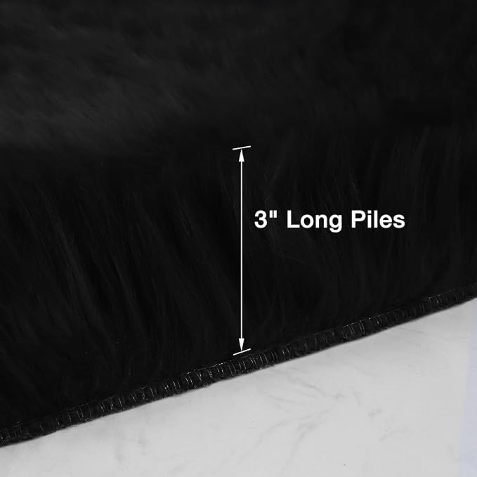 duduta Black Faux Sheepskin Round Rug 4x4 ft, Fluffy Shag Fur Bedroom Nursery - Image 2