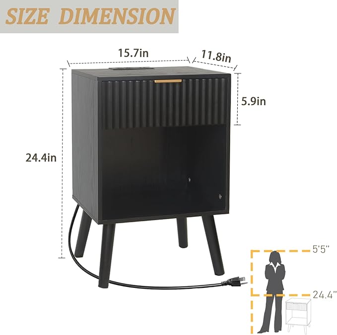 Fluted Black Nightstand with Charging Station, Mid Century Modern Bedside Table - Image 3