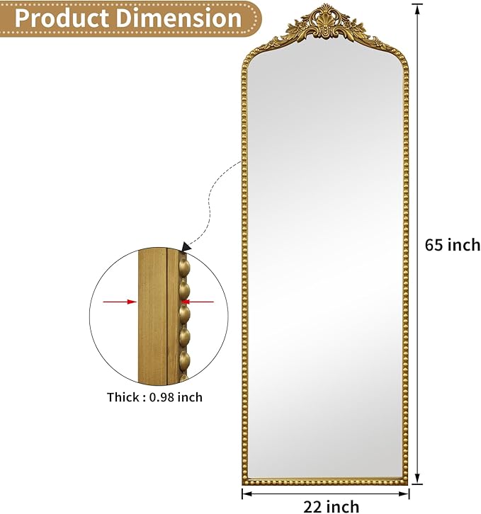 G-LEAF Vintage Baroque Full Length Floor Mirror 22"X65", Victorian Antique - Image 4
