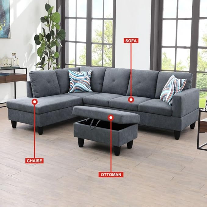 Dark Grey L-Shaped 3-Piece Flannelette Sofa - Image 4