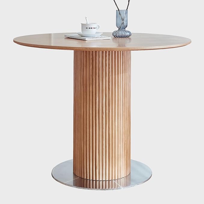 Round Wood Dining Table，Wooden Trestle Pedestal Base on Stainless Steel by Mollveesen