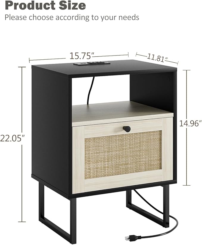 Rattan Nightstand with Charging Station, Boho Night Stand Farmhouse Wood - Image 2