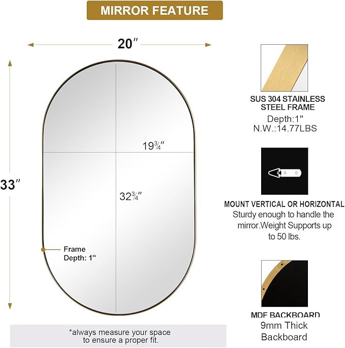 ANDY STAR Oval Bathroom Mirror, 20x33’’Oval Gold Mirror Stainless Steel Metal - Image 2
