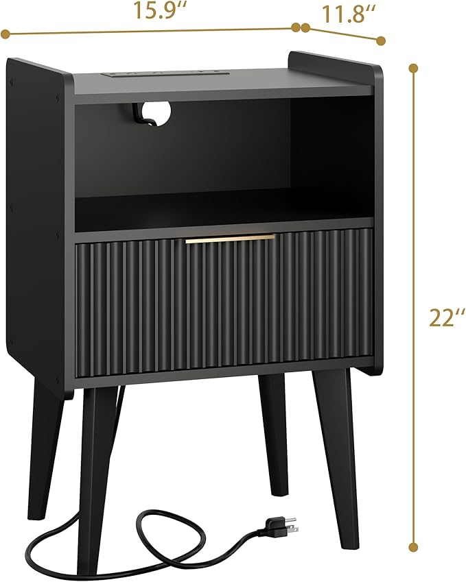 Fluted Nightstand with Charging Station, Modern Bedside Table with Drawer - Image 2
