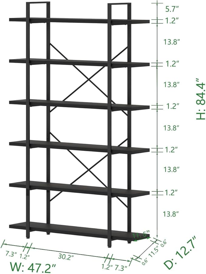HSH 6 Tier Tall Black Bookshelf, Modern Large Storage Book Shelves & Display - Image 2