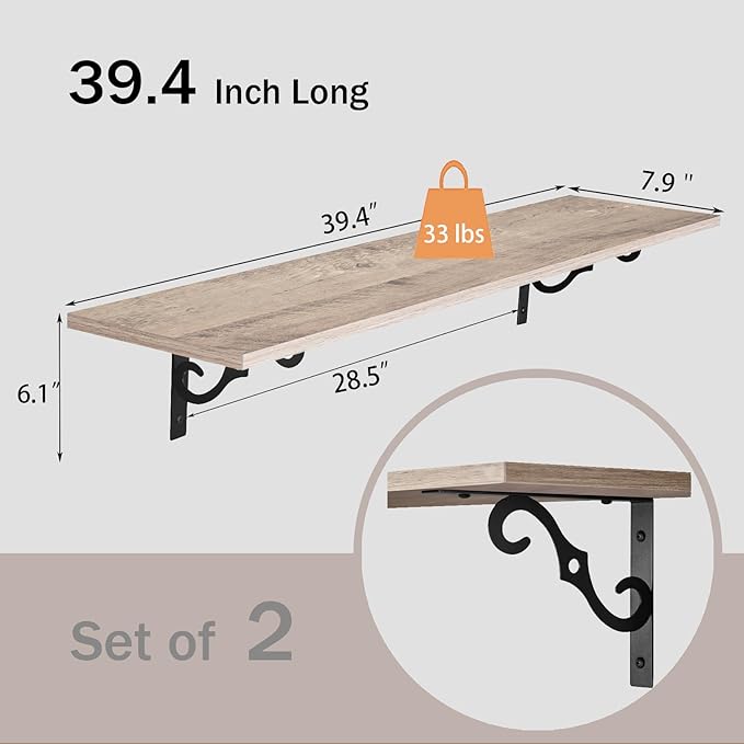 DINZI LVJ Long Wall Shelves, 39.4 Inch Large Floating Shelves Set of 2 - Image 3