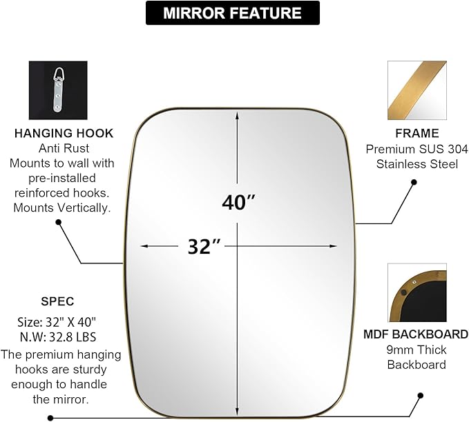 ANDY STAR Gold Oblong Mirror, 32x40 Inch Gold Oval Mirror - Image 5