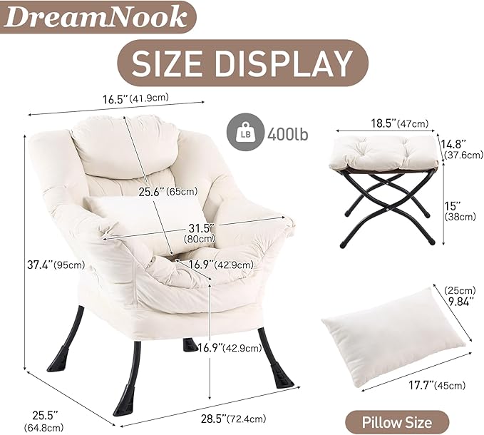 Lazy Chair with Ottoman, Modern Accent Chair with Lumbar Pillow, Comfy Chairs - Image 2