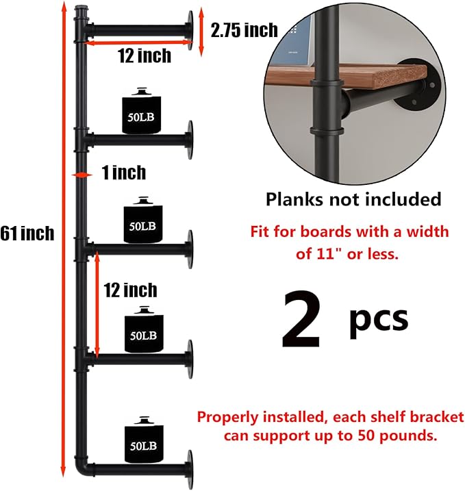 Industrial Pipe Shelf Brackets Wall Mount, Open Black Pipe Shelving - Image 3
