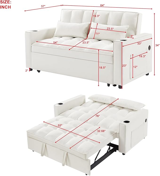 ERYE 64" W Full Size 3 in 1 Convertible Sleeper Sofabed W/Cupholders and USB - Image 2