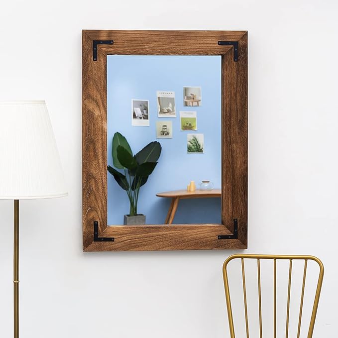 YOSHOOT Rustic Wooden Framed Wall Mirror, Natural Wood Bathroom Vanity Mirror - Image 4