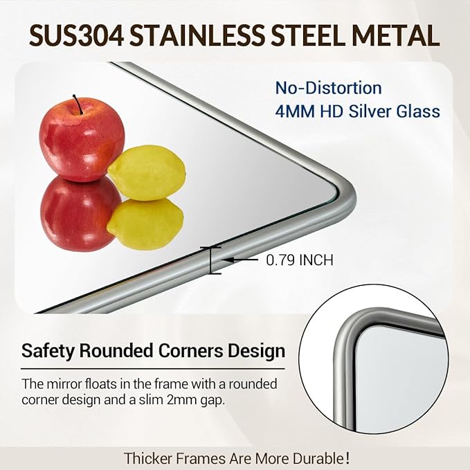 ANDY STAR 24x36 Brushed Nickel Bathroom Mirror, Stainless Steel Metal Frame - Image 6