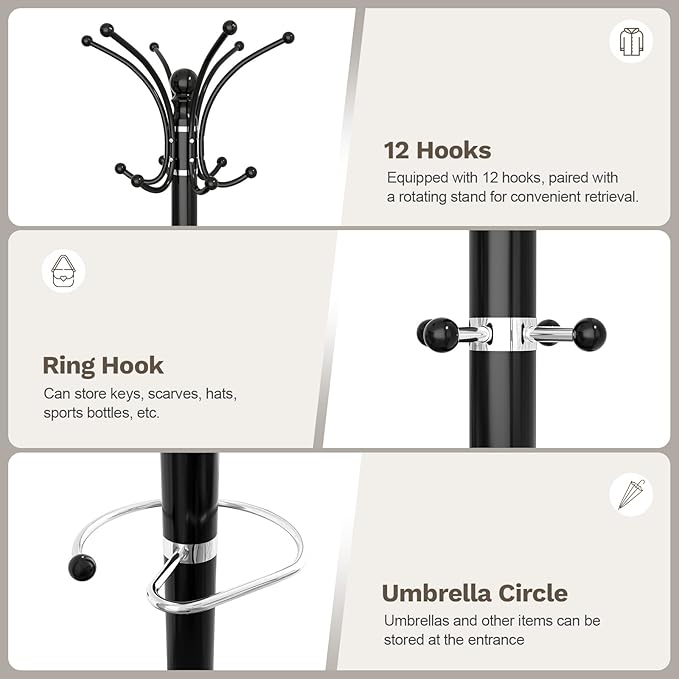 Coat Rack Freestanding with Marble Base, Heavy Duty Clothes Tree with Hooks and - Image 5