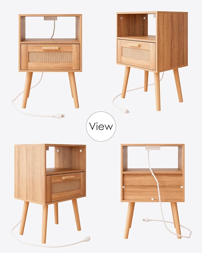 Rattan Nightstand with Charging Station, Small Night Stand, Side Table with - Image 9