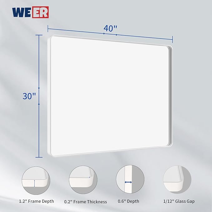 WEER White Bathroom Mirror 40X30 Inch, Rounded Rectangle White Metal Frame - Image 6