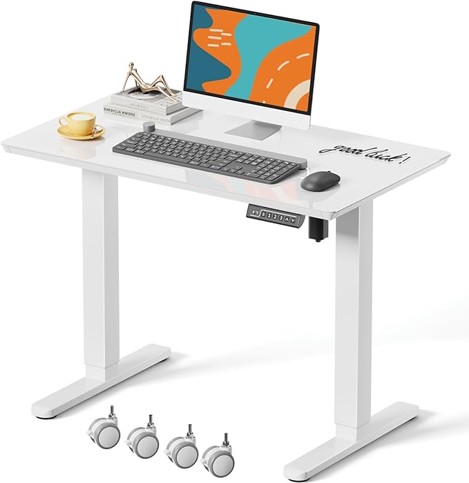 JOY worker Small Glass Standing Desk, Mobile White Sit to Stand Workstation by JOYworker