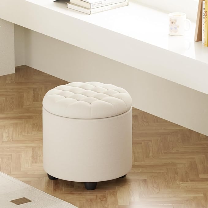 Furniliving Modern Round Storage Ottoman, Button Tufted Ottoman Foot Stools - Image 10