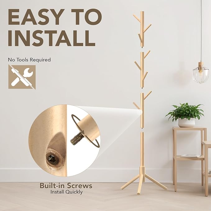 Wooden Tree Coat Rack Stand, Sturdy Freestanding Coat Rack - Image 4