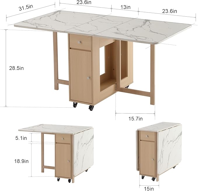 Drop Leaf Table Extendable, Foldable Kitchen Table Space Saving, Folding Dining - Image 2