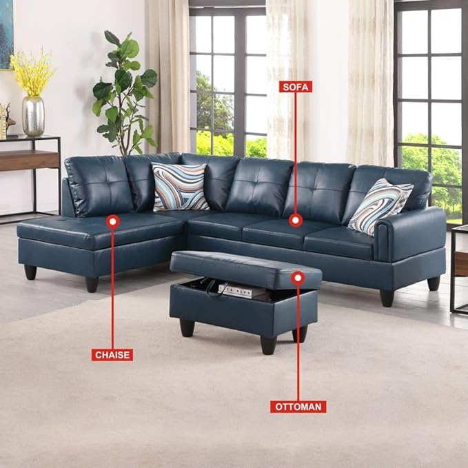 Denim L-Shaped 3-Piece Faux Leather Sofa - Image 3