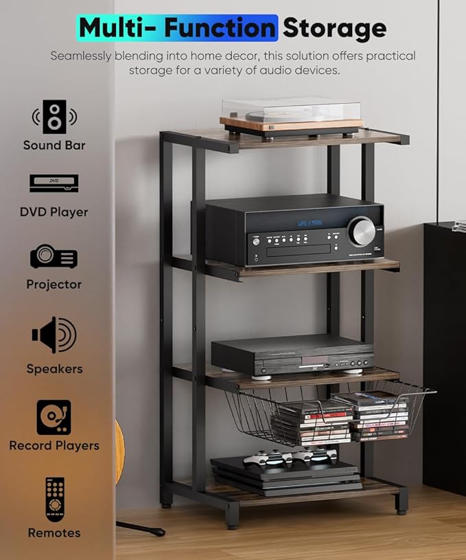Media Stand with Detachable Baskets, 4-Tier AV Media Stand Corner Shelf - Image 4