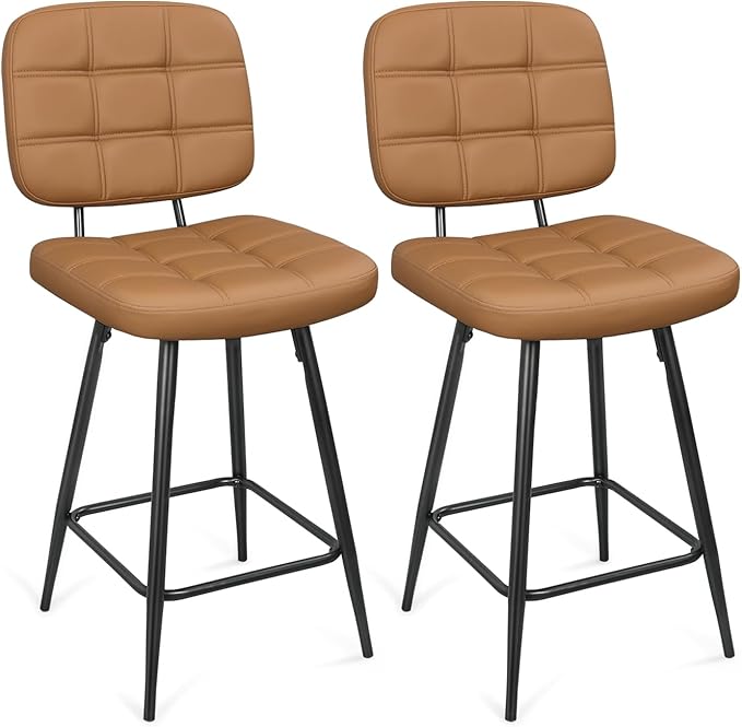 Bar Stools Set of 2, 24 Inch Upholstered Metal Barstool by ERGOSEAT