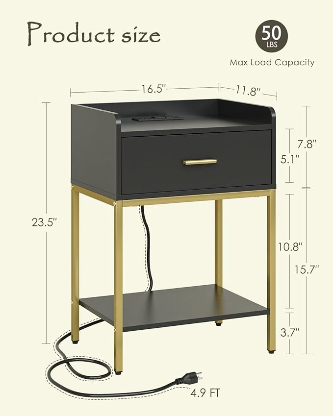 Nightstand with Charging Station, 3-Tier Bedside Table - Image 2