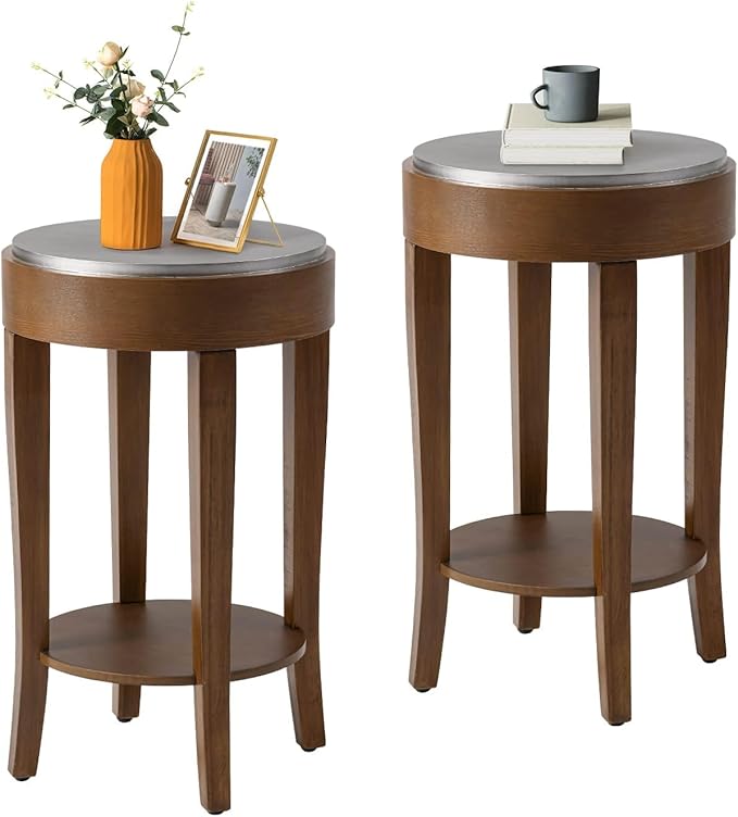 COSIEST Set of 2 Farmhouse Round End Table, 2-Tier Classic Brown Side Table by COSIEST