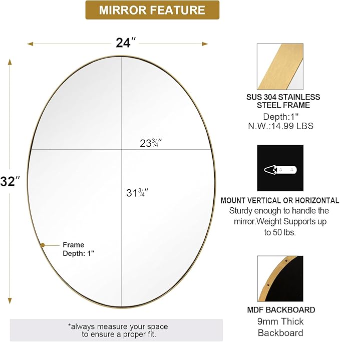 ANDY STAR Gold Oval Mirrors for Bathroom, 24x32 Inch Brushed Gold Stainless - Image 2