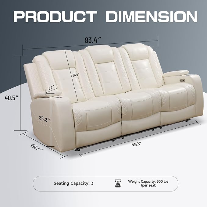 PU Leather Power Wall Hugger Chair Double Reclining Sectional Sofa 3-Seater - Image 2