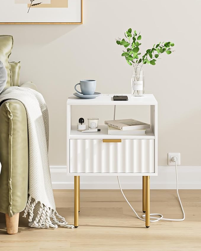 Masupu Nightstand with Charging Station, Mid-Century Modern Bedside Table with - Image 3