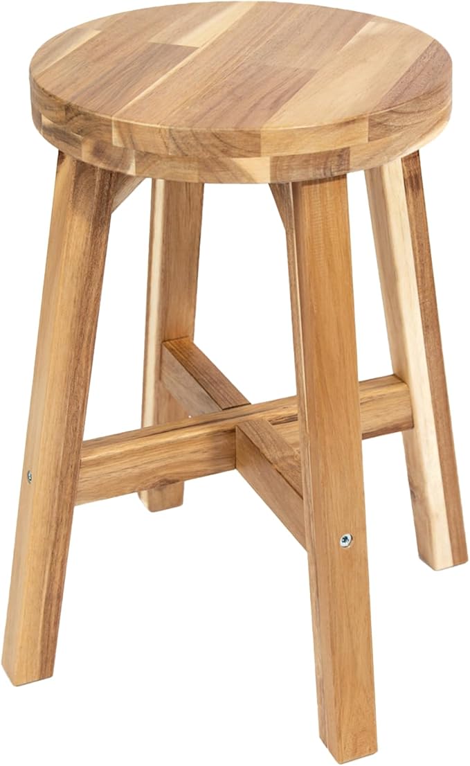 Round Stool Acacia Wood, Easy Assembly, Natural Wax Finish, Wooden Stool by ARROWSTONE