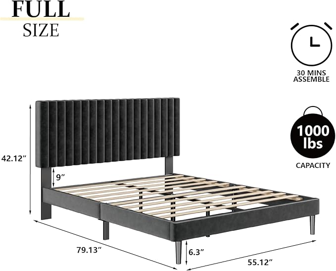 Full Size Bed Frame with Velvet Upholstered Headboard, Platform Bed with Strong - Image 2