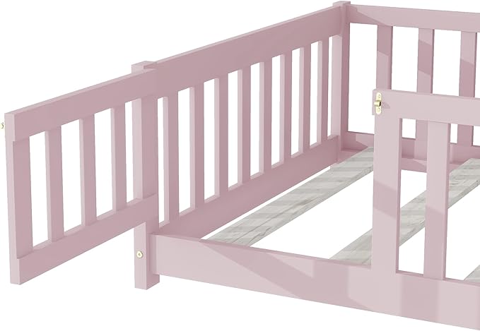 Twin Floor Bed Frame with Slats and Safety Guardrail, Wood Twin Size Montessori - Image 5