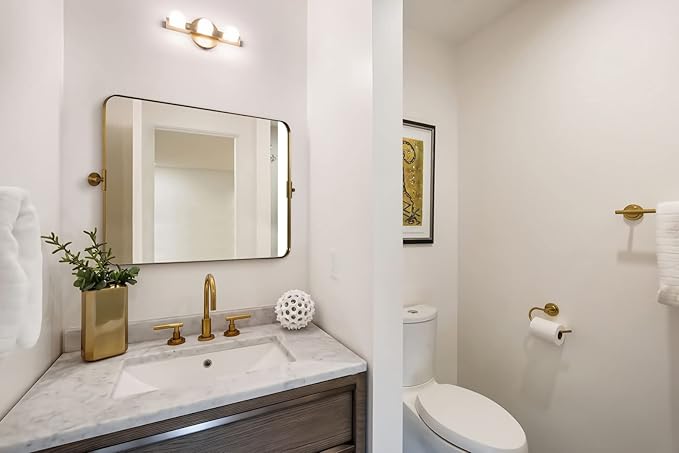 MOON MIRROR 36" x 24" Brushed Gold Rectangle Bathroom Mirror, Tilting Rounded - Image 2