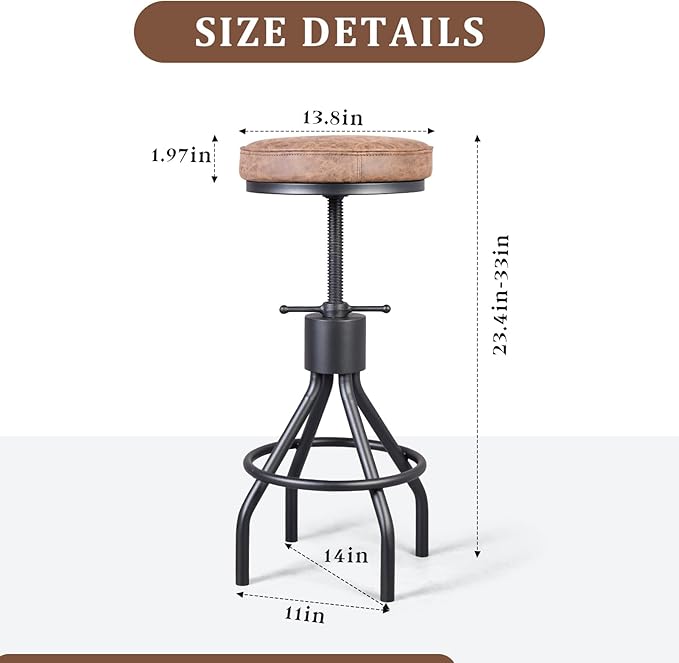 Set of 2-Vintage Bar Stool Swivel PU Leather Seat Kitchen Island Workbench - Image 3