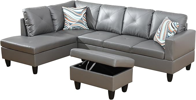 L Shaped Couch Faux Leather Sectional Couch Upholstered 3 Pieces Sofas - Image 4