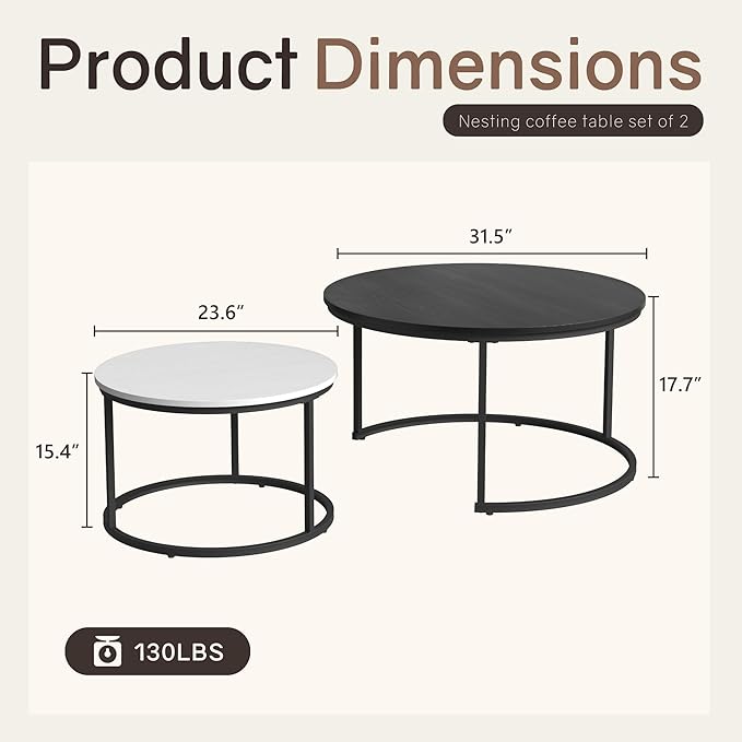 Nesting Tables Set of 2, 31.5" Round Coffee Table, Small Nesting Coffee Table - Image 2