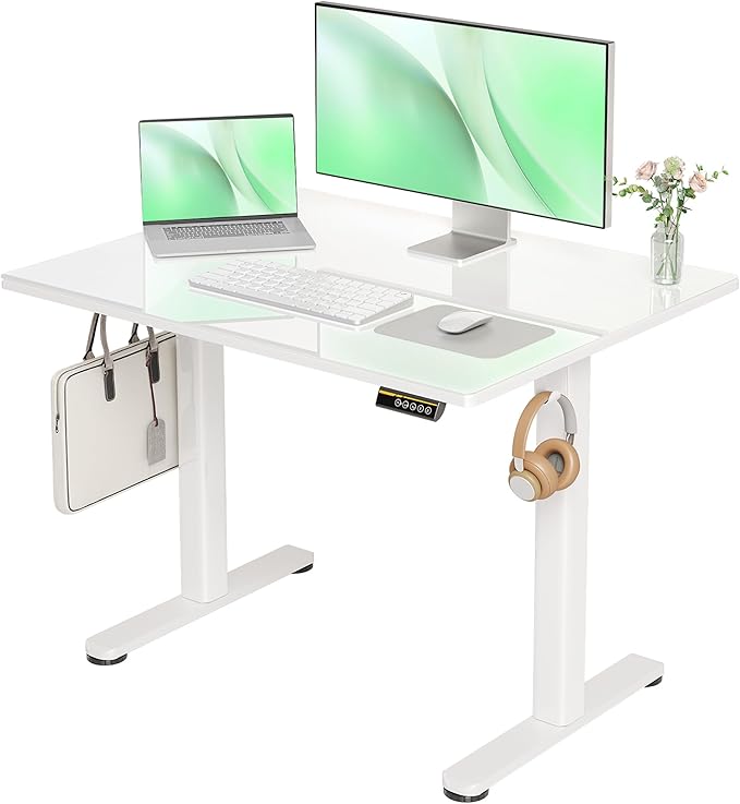 Claiks Glass Standing Desk, 40x24 Inch Small White Stand Up Desk Electric by CLAIKS