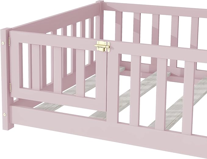 Twin Floor Bed Frame with Slats and Safety Guardrail, Wood Twin Size Montessori - Image 6